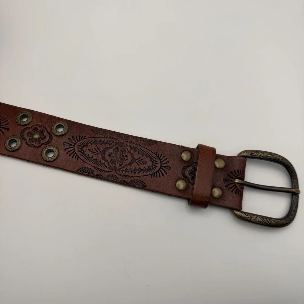 Fossil Brown Tooled Leather Western Belt Floral Studded 42in